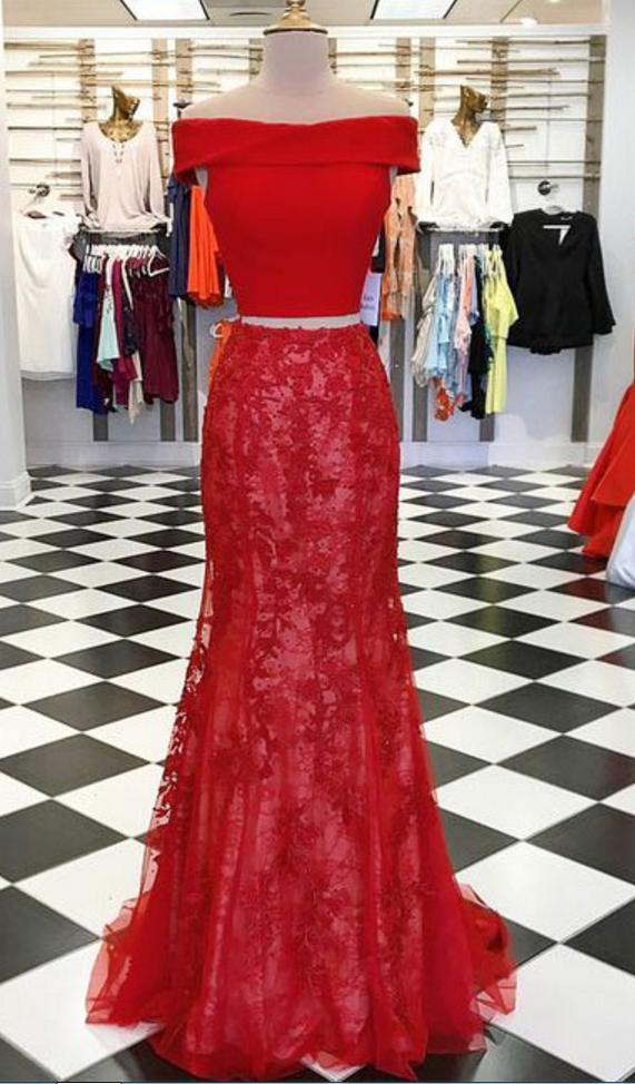 P1158 Sexy Two Piece Prom Dresses Mermaid Prom Dress With Lace,off The Shoulder Two Piece Sexy Mermaid Red Lace Evening Dress,long Sexy Red Lace