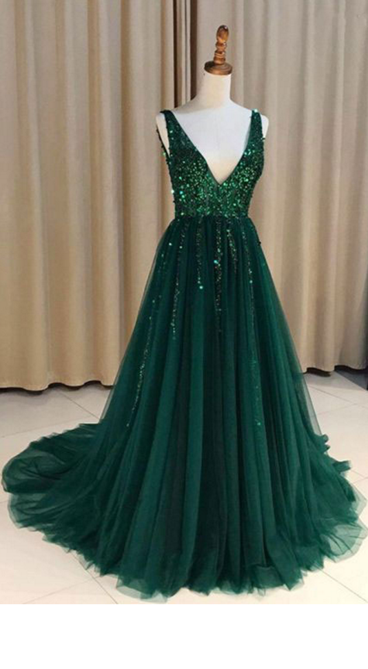 P1171 Special V Neck V Back Tulle Green Long Prom Dresses With Sequined For Women,a Line Long Tulle Sequin Elegant Prom Dress,long Tulle Elegant