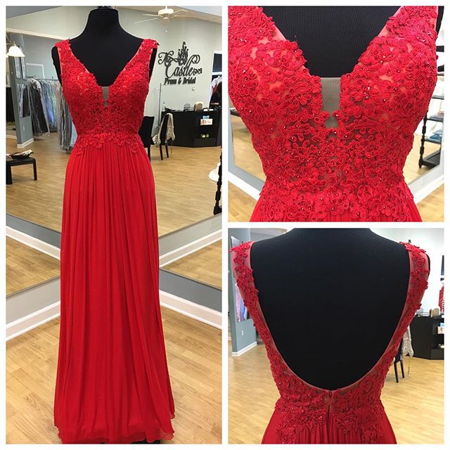 P1188 Red Plunging V Neck V Back Chiffon Formal Gown , Prom Dress With Lace Appliques Bodice,deep V Neck Long Red Lace Chiffon Evening Dress,a