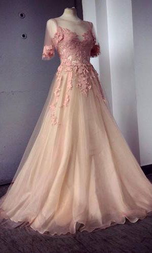 F701 Appliques And Tulle Prom Dresses, Charming Evening Dresses, Floor-length Prom Dresses, Half Sleeve Prom Dresses, Sexy Prom Dresses,prom