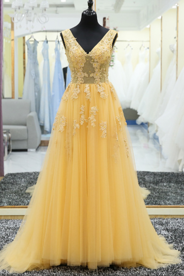 P1195 V Neck Lace Applique A Line Lace Up Back Yellow Long Prom Gown Formal Evening Party Dress,a Line Long Tulle Yellow Lace Prom Dress,a Line