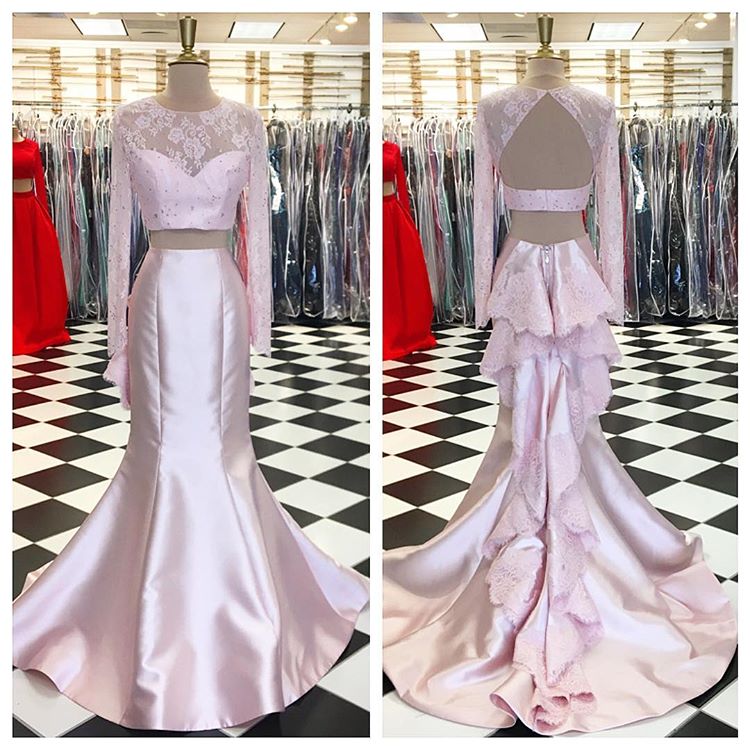 P1201 Pink Two Piece Prom Dress, Long Sleeve Mermaid Formal Gown,backless Party Dress,two Piece Long Sleeves Pink Mermaid Lace Evening Dress,sexy