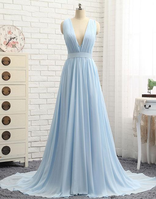 P1208 Simple Light Blue V-neck Long Chiffon Prom Dress With Train,a-line Sleeveless Evening Dress,2018 Prom Dress,a Line Long Blue Chiffon Sexy V