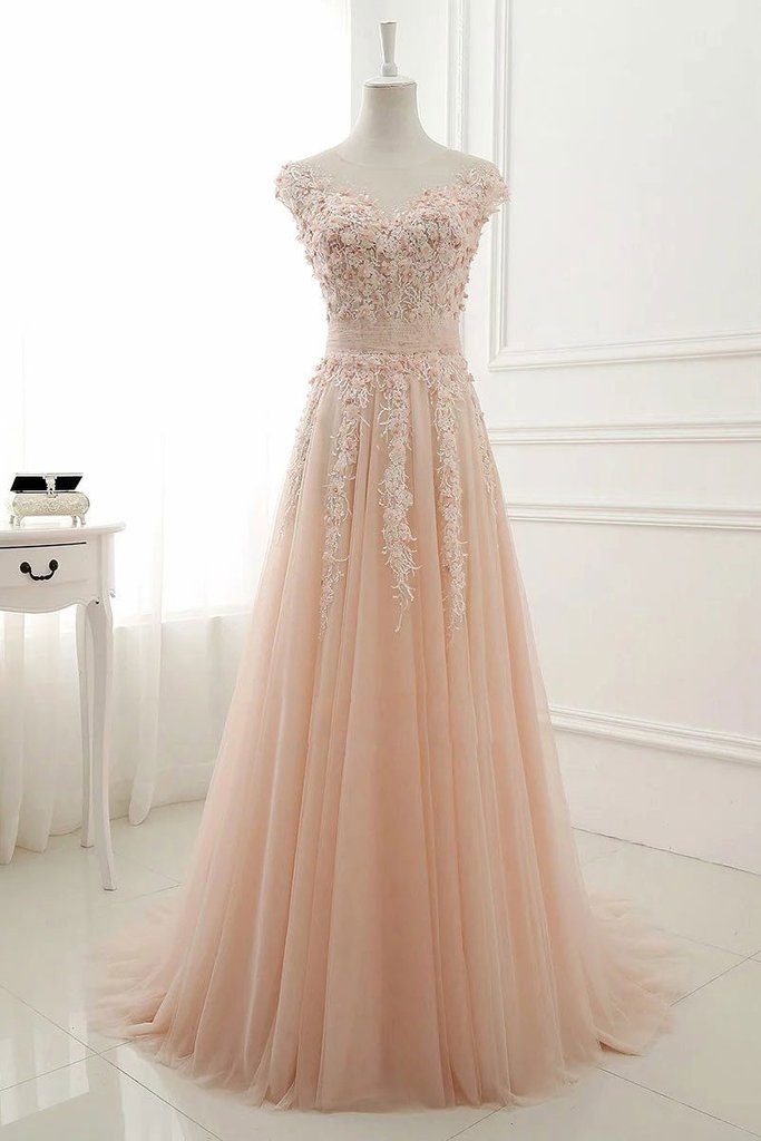 P1212 Pink Round Neck Lace Applique Tulle Long Prom Dress, Tulle Evening Dress,a Line Cap Sleeves Long Tulle Pink Sexy Prom Dress,cap Sleeves