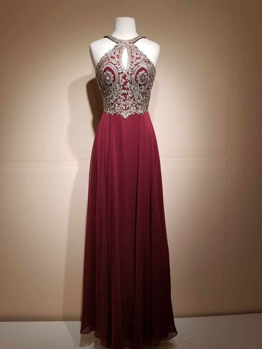 P1226 Burgundy Lace Applique Long Prom Dress,halter Chiffon Prom Party Dress,applique A-line Evening Dress