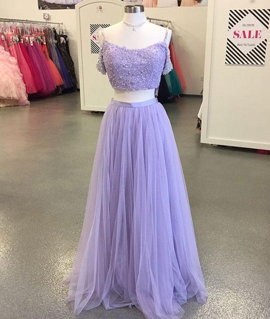P1229 Light Purple Tulle Long Prom Dress,two-piece Lace Evening Dress,off The Shoulder Prom Party Gowns,off The Shoulder A Line Long Tulle Top