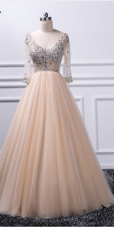 P1237 A-line V-neck Beaded Top Tulle Prom Dress,a Line Long Tulle Champagne Beading Prom Dress With Half Sleeves,v Neck Top Beading Long