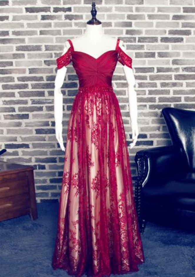 P1248 Charming Red A-line Sweetheart Spaghetti Straps Lace Prom Dress,off The Shoulder A Line Long Lace Burgundy Evening Dress,a Line Long