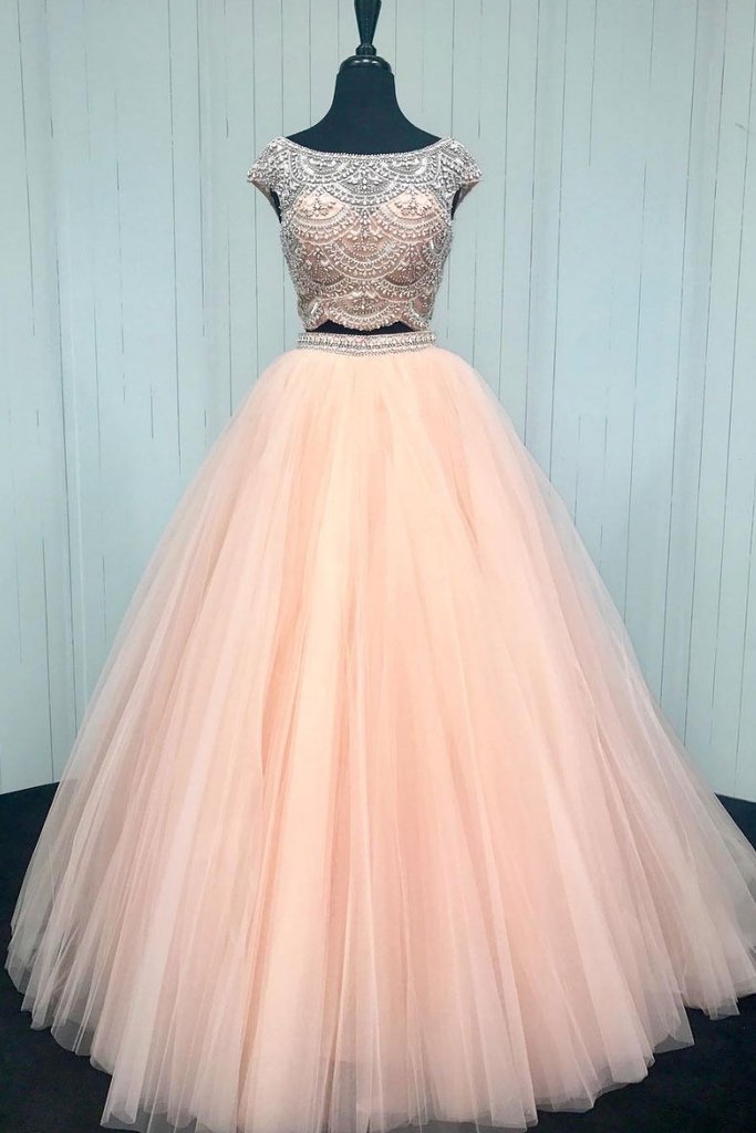 P1254 Pink Beads Two Pieces Tulle Long Prom Dress, Pink Formal Dress,top Beading Ball Gown Long Tulle Elegant Prom Dress