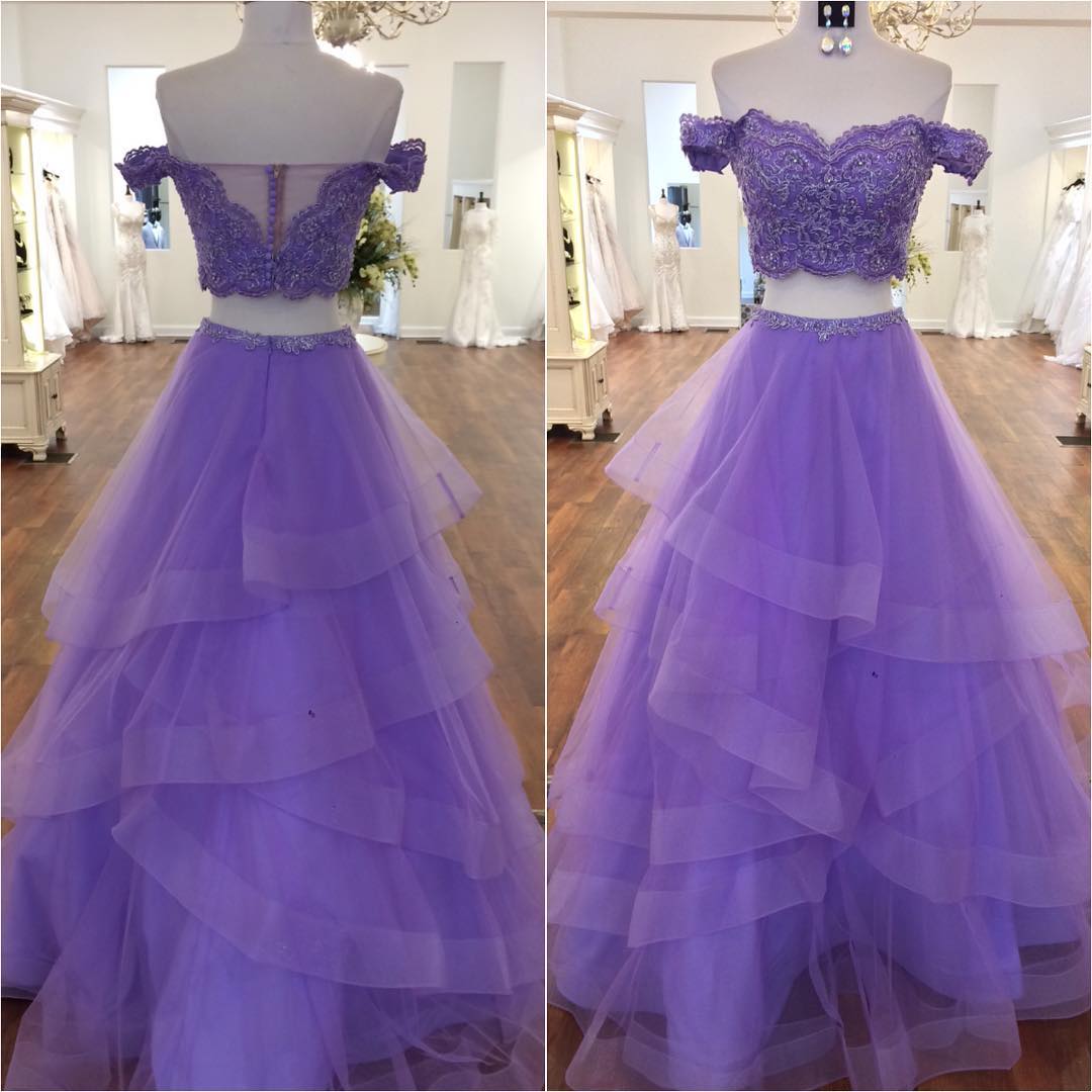 P1267 Off Shoulder Appliques Prom Dress, Sexy Two Piece Prom Dresses, Tulle Evening Dress, Long Prom Gowns,off The Shoulder Two Piece Top Lace