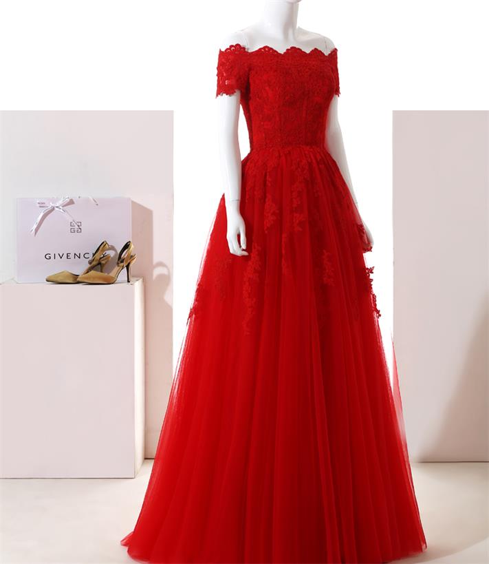 P1268 Off The Shoulder Elegant Long Red Evening Dresses 2018 Short Sleeve Lace Tulle Prom Gowns Custom Made Party Dress,off The Shoulder Short