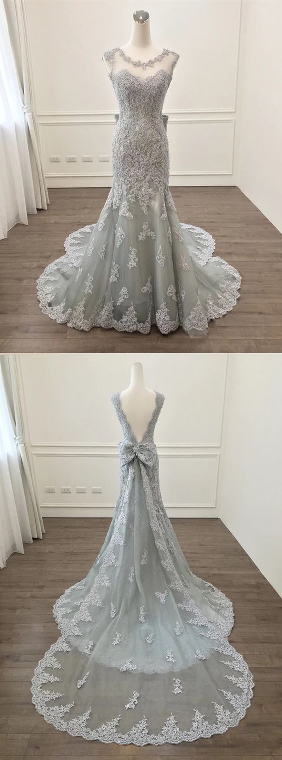 P1274 Elegant Silver Lace Bow Back Mermaid Evening Gown Dresses,cap Sleeves Lace Mermaid Grey Sexy Evening Dress With Detachable Train,long Train
