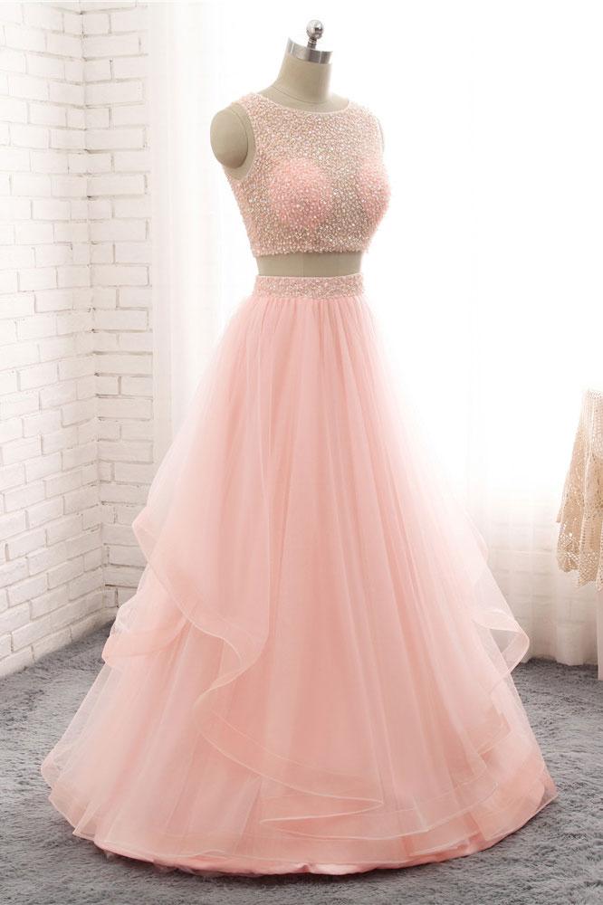 P1279 Pink Two Pieces Beads Tulle Long Prom Dress, Pink Evening Dress,a Line Top Beading Two Piece Long Tulle Prom Dress,long Tulle Top Beading