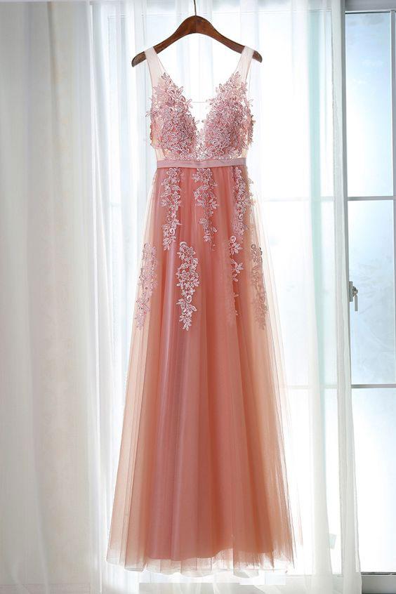 P1280 Pink V Neck Tulle Lace Long Prom Dress, Bridesmaid Dress,deep V Neck Long Tulle Pink Lace Prom Dress,a Line Long Tulle Pink Lace Evening