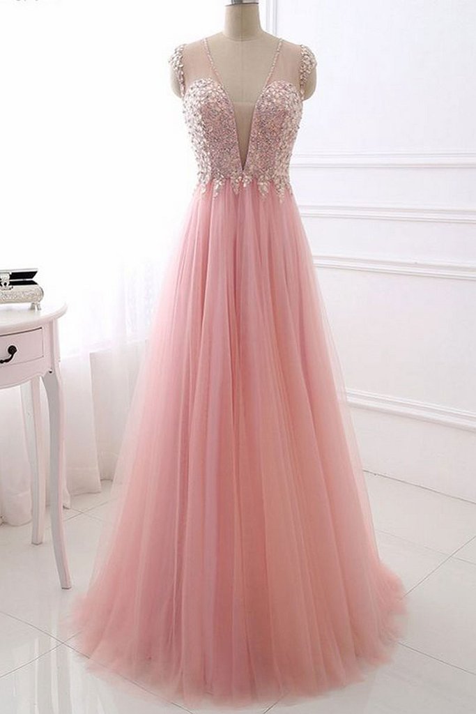 P1281 Pink V Neck Tulle Long Prom Dress, Pink Evening Dress,cap Sleeves Deep V Neck Top Lace A Line Long Tulle Prom Dress,long Tulle Pink Tulle