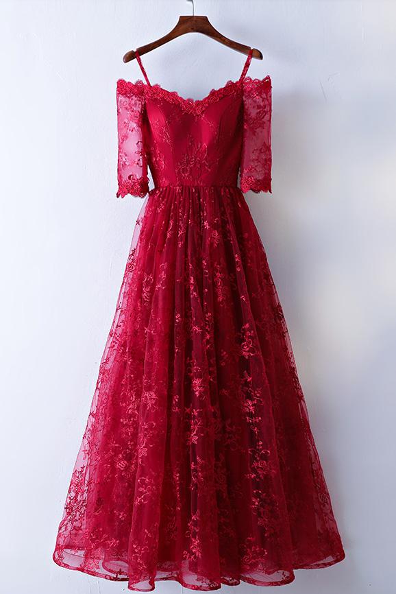 P1282 Pretty Burgundy Lace Long Prom Dress, Burgundy Lace Evening Dress,off The Shoulder A Line Long Burgundy Lace Prom Dress With Half