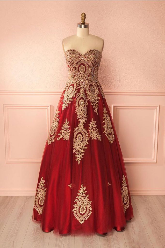 P1286 Red Sweetheart Neck Lace Applique Long Prom Dress, Red Evening Dress,a Line Long Red Tulle Gold Lace Prom Dress,strapless A Line Long Tulle