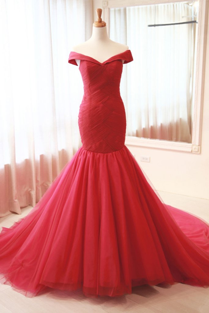 P1287 Red Tulle Mermaid Long Prom Dress, Red Evening Dress,off The Shoulder Red Mermaid Organza Prom Dress,long Sexy Off The Shoulder Red Organza