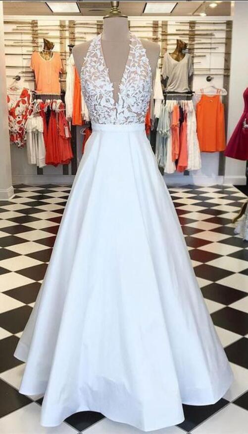 P1290 Sexy V Neck Halter White Long Prom Dresses With Appliques,deep V Neck Halter Neck Long Satin Top Lace Elegant Evening Dress