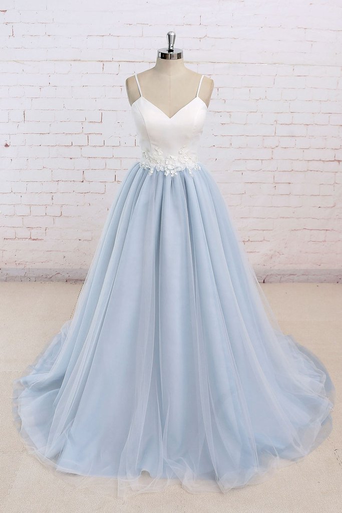 P1294 Simple Blue Tulle Long Prom Dress, Tulle Wedding Dress,spaghetti Straps Long Tulle Blue Elegant Prom Dress