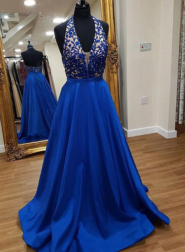 P1300 Stylish A-line Halter Royal Blue Long Prom Dress,halter Neck A Line Long Satin Royal Blue Sexy Evening Dress With Appliques,top Lace Halter