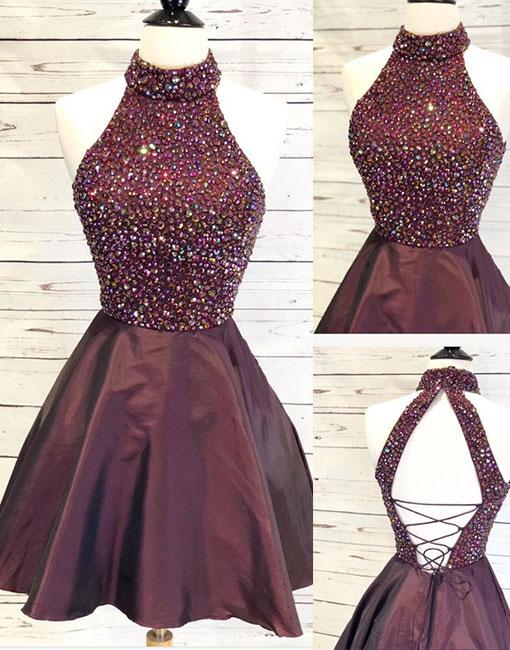 Burgudny Beaded Crystals Short Homecoming Dresses A-line Cute Party Dresses