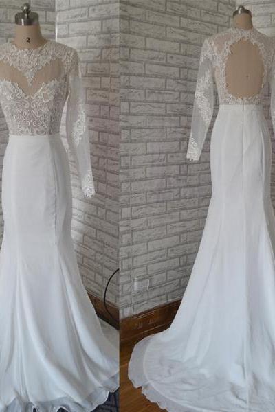 Sheer Lace Appliqués Mermaid Wedding Dress Featuring Long Sleeves And Keyhole Back