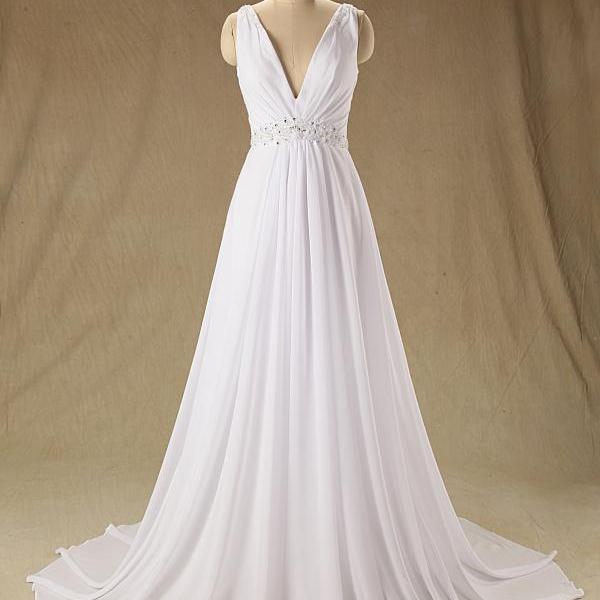 Sleeveless Plunging V-Neck Beaded Chiffon A-line Wedding Dress With ...