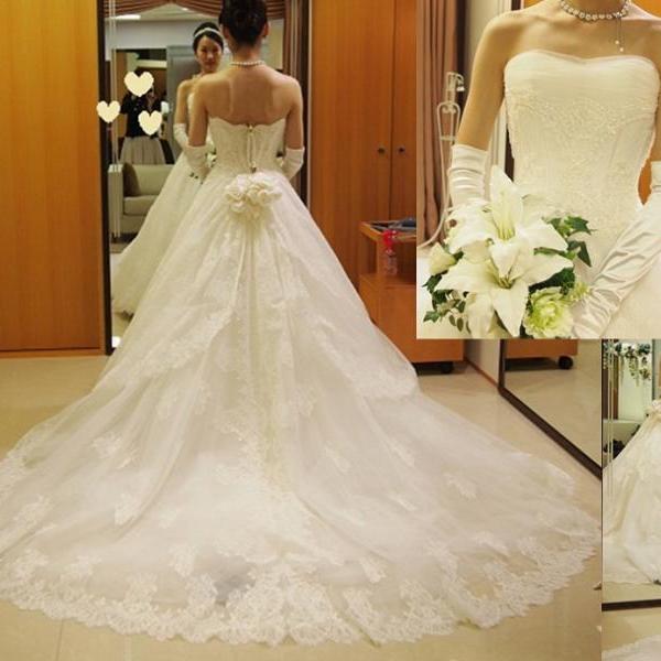Lace Tube Top Removable Classic Wide Hem Bubble Skirt Floor-length Wedding Dress