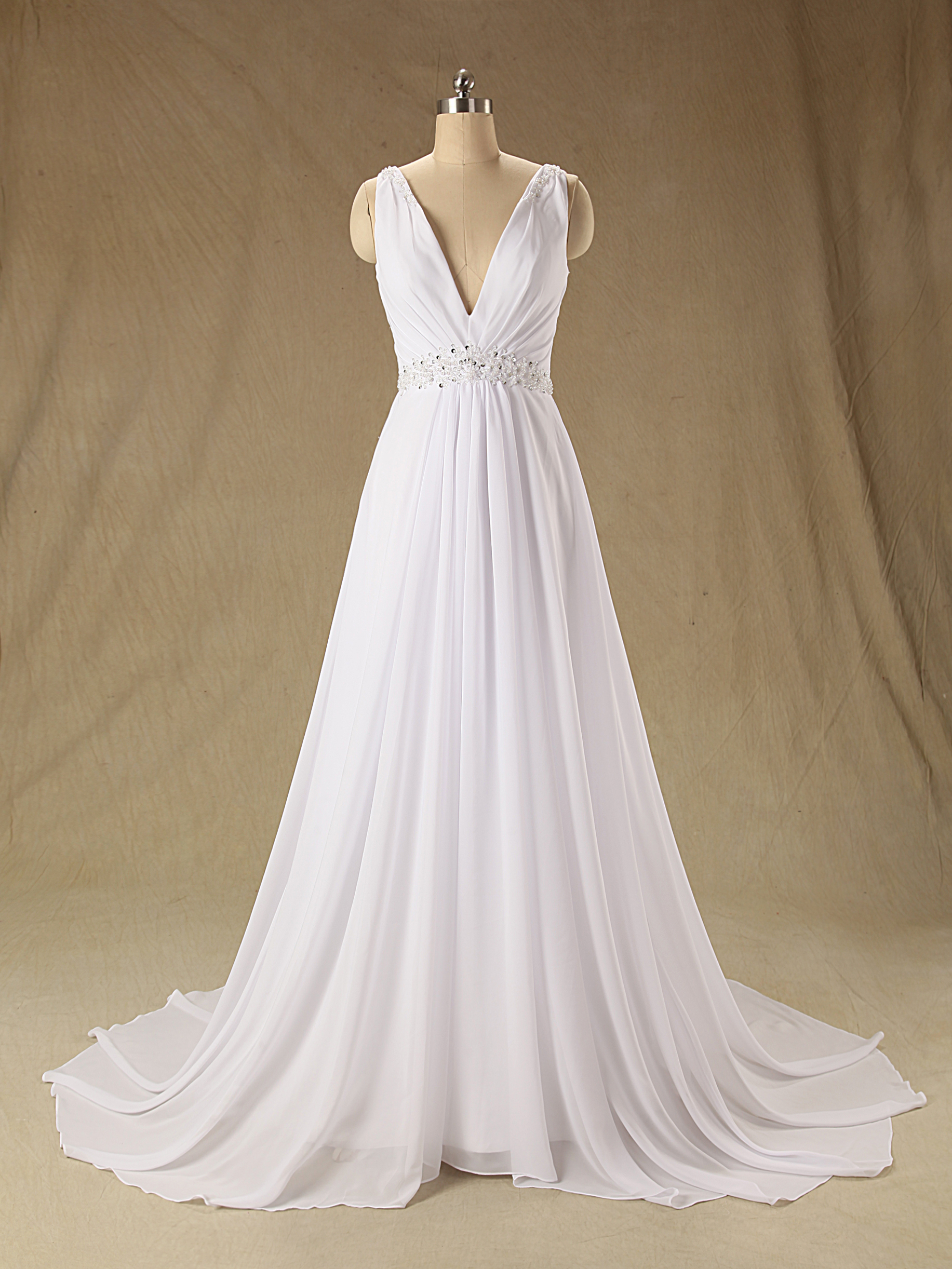 Sleeveless Plunging V-Neck Beaded Chiffon A-line Wedding Dress With