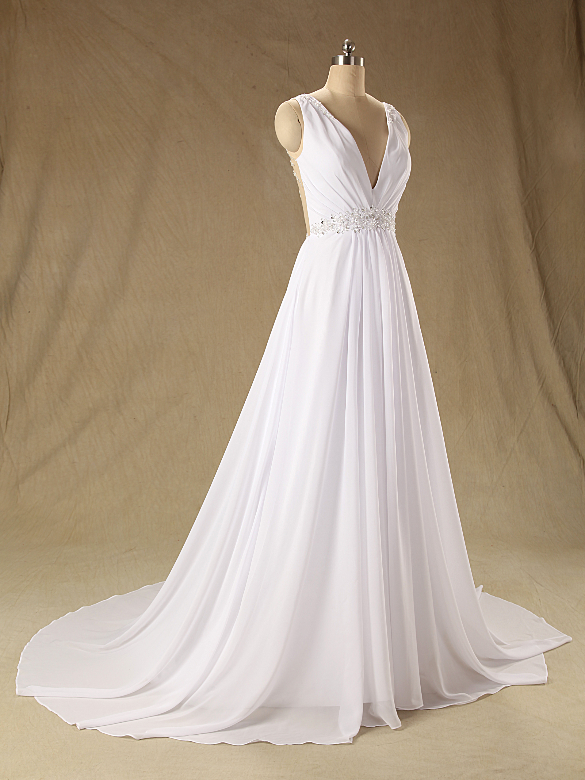 Sleeveless Plunging V Neck Beaded Chiffon A Line Wedding Dress With