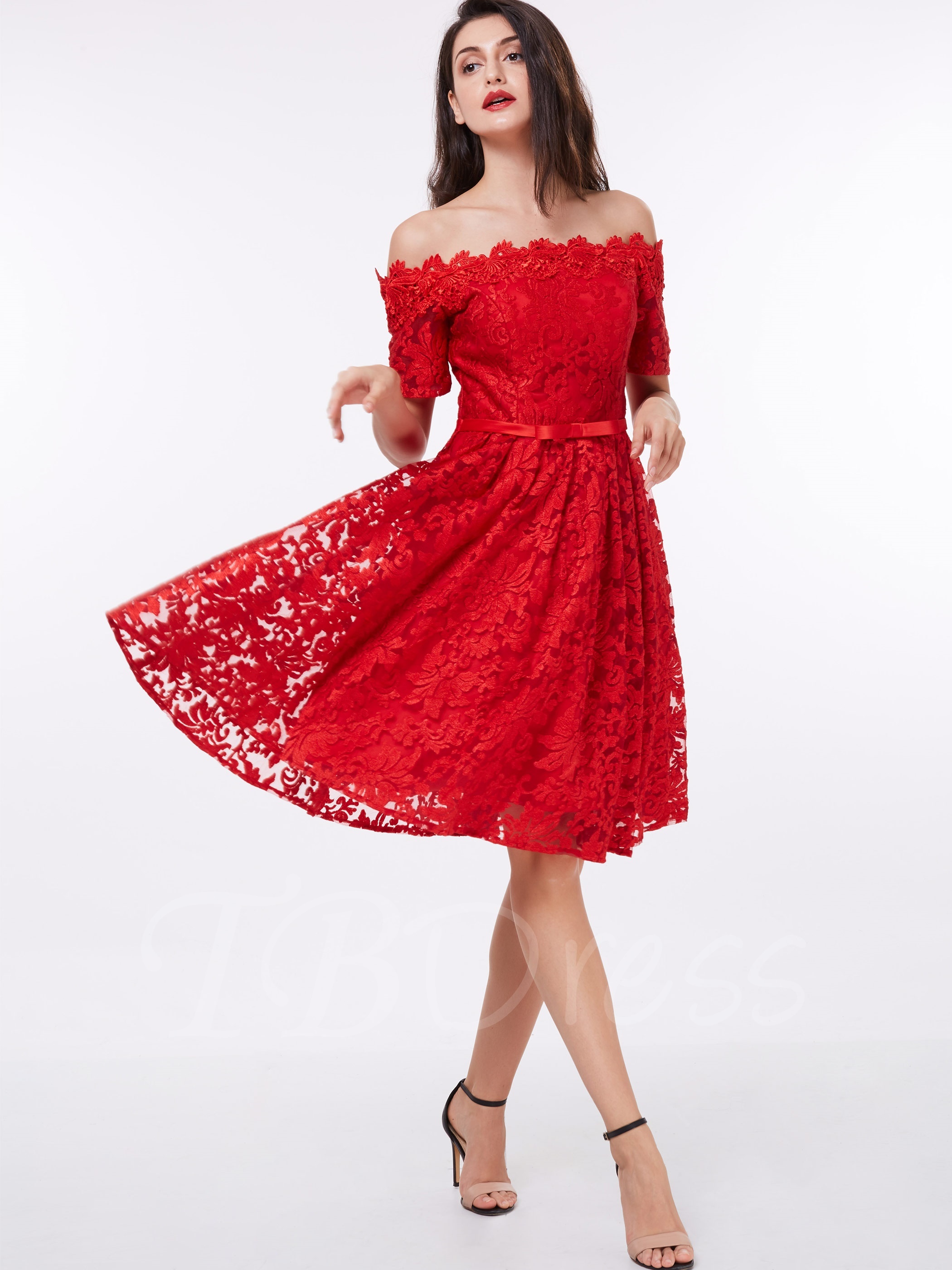 red off the shoulder knee length dress