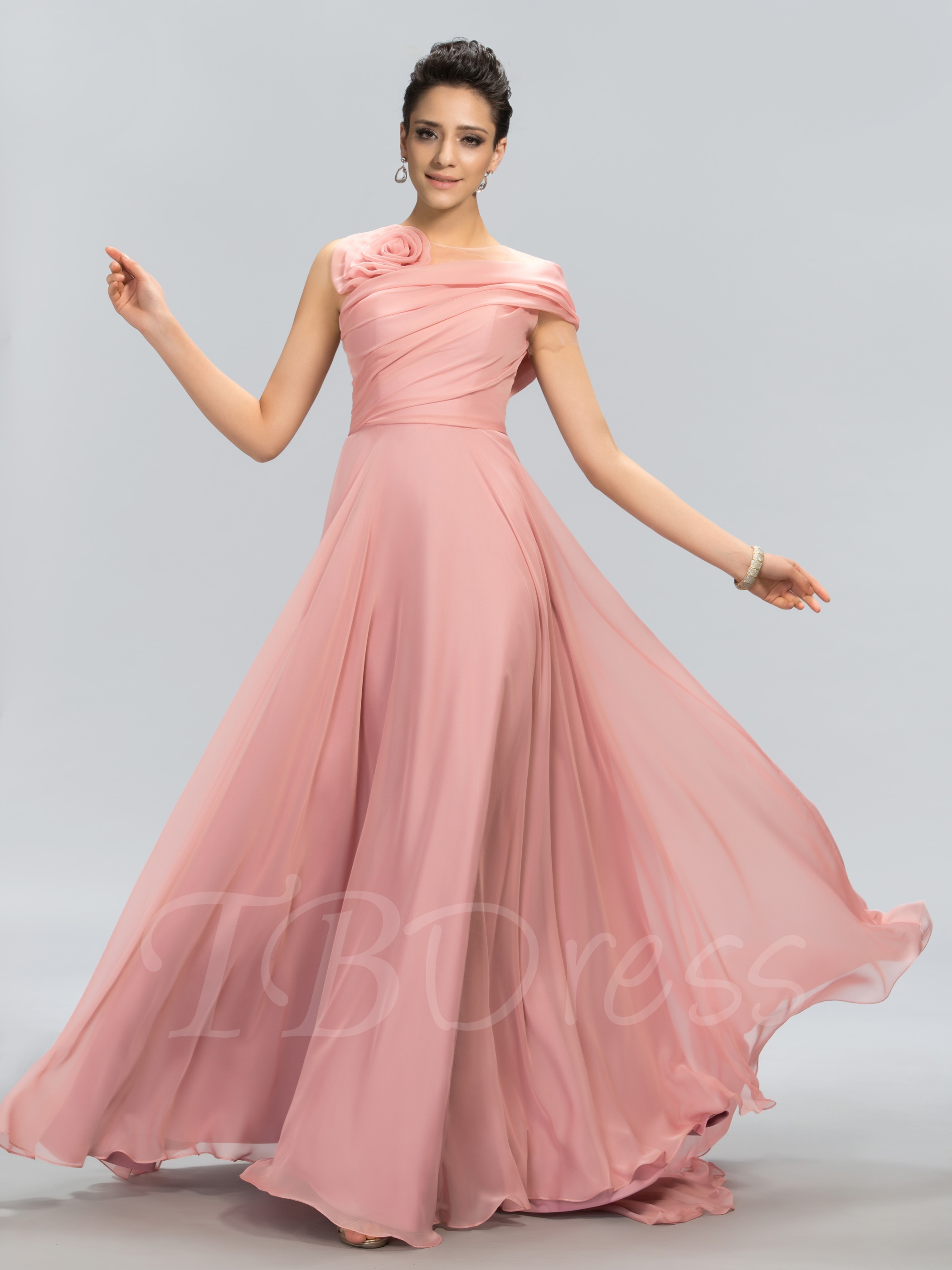 F182 Flower One Shoulder Short Sleeve A Line Prom Dress One