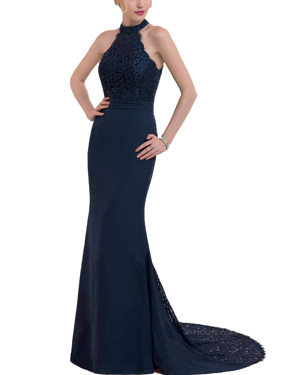 navy blue halter neck prom dress